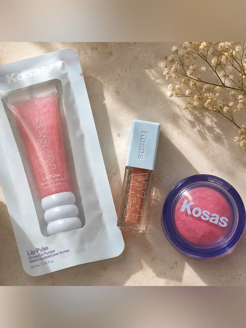 Kosas Beauty Bundle: Full Size Lip Pulse + Mini Wet Lip Oil + Mini Blush